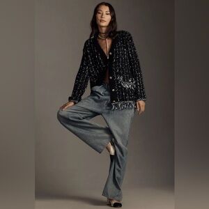 NWT By Anthropologie Tweed Fringe Cardigan Sweater XL